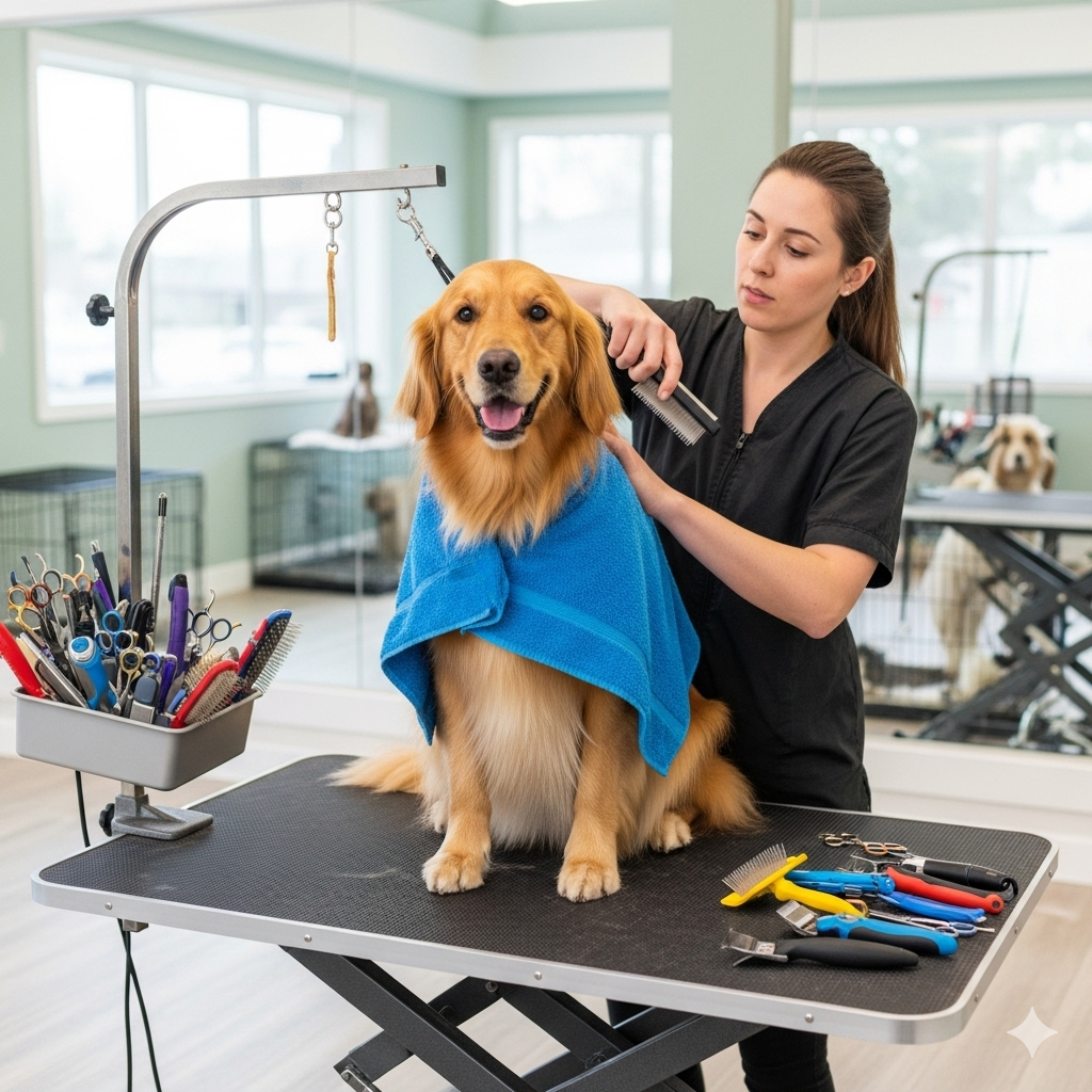 Golden retriever being groomed professionally.